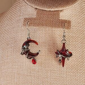 Goth Red Crescent and Star Earrings